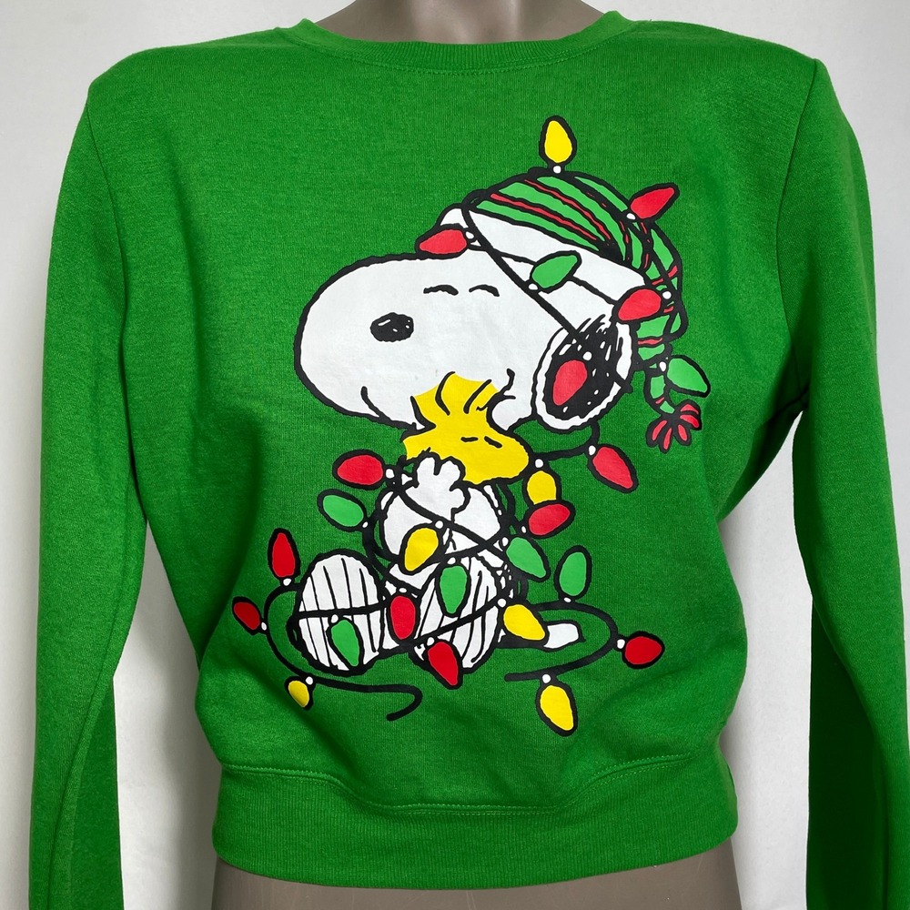 Peanuts Snoopy Woodstock Christmas Lights Green Sweatshirt Women's MEDIUM
